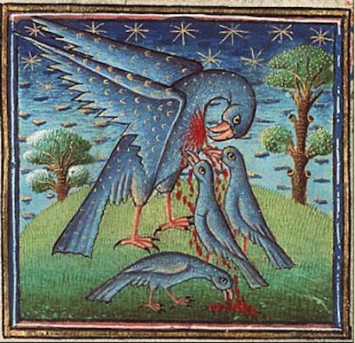 Pelican in her Piety. Mid 15th-century French manuscript illumination. MMW 10 B 25, f32r. Meermanno Museum, Holland.