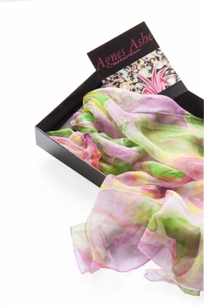 Agnes-Ashe-Valentines-silk-scarf-hand-painted-pink-green-box